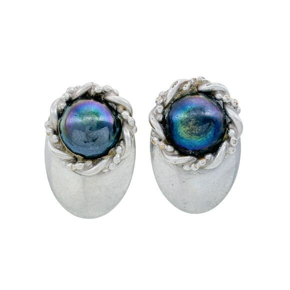 Vintage Silver Plated 2.8cm Iridescent Glass Cabochon Clip-On Earrings - Picture 1 of 6